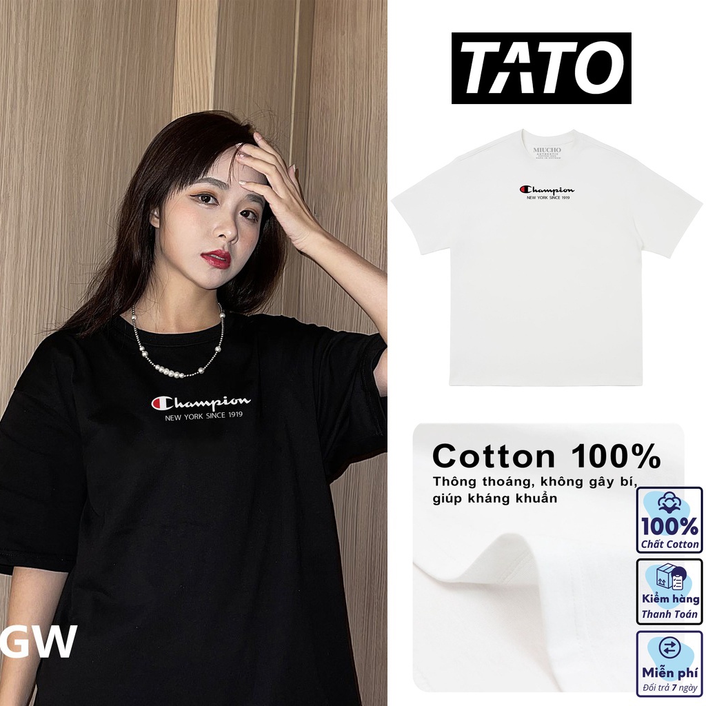 Áo phông nữ CHAMPION form rộng tay lỡ unisex, áo thun nữ form rộng tay lỡ unisex cotton in logo