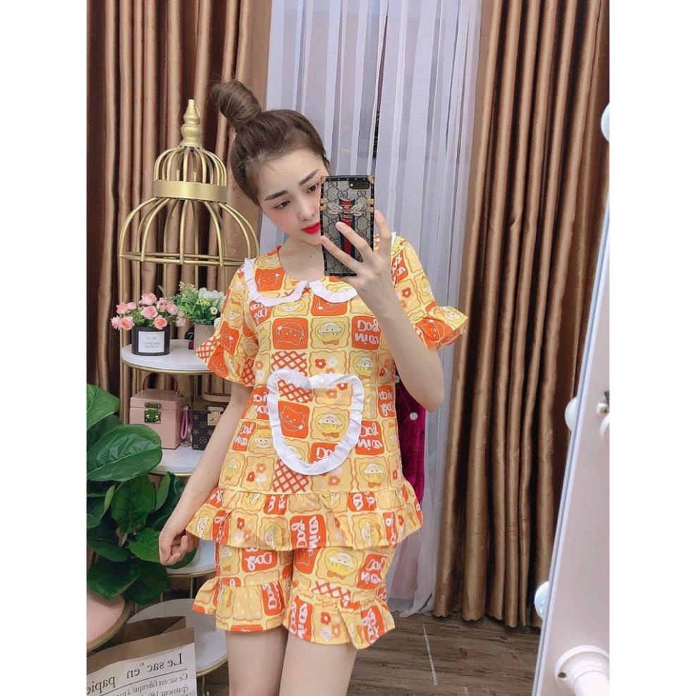 Set đồ bộ mặc nhà nữ họa tiết hoạt hình chất lụa satin mặc mát mùa hè, bộ đồ ngủ nữ