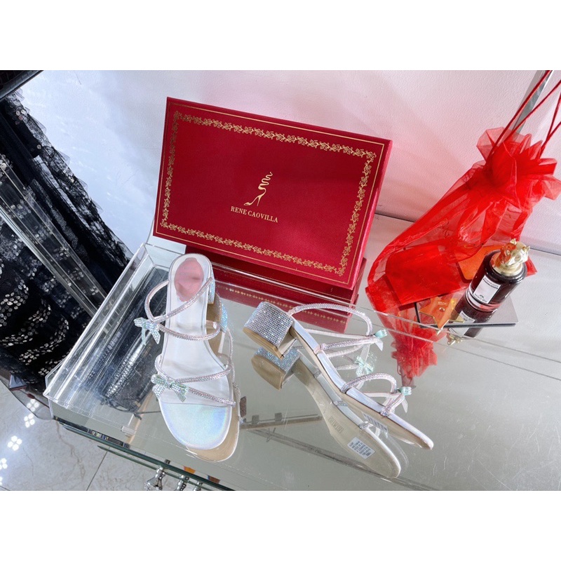 Dép cao gót mũi tròn quai ngang gót vuông 4.5cm đính đá thương hiệu Rene Caovilla da thật cao cấp