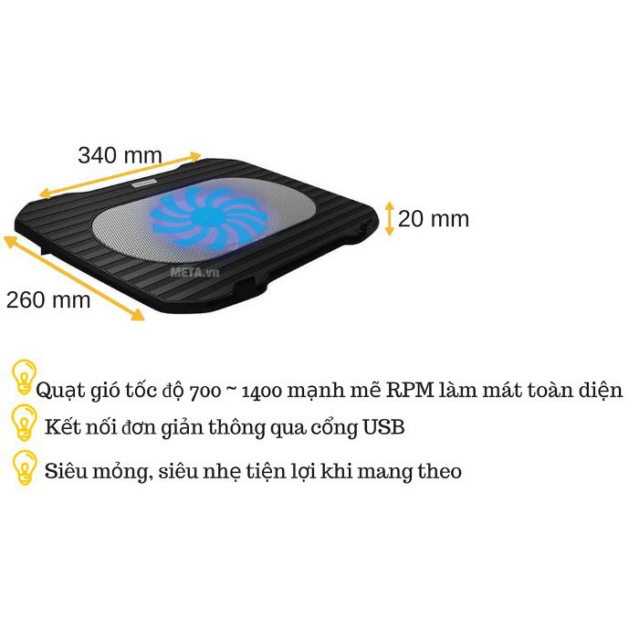 Đế quạt tản nhiệt cho laptop chính hãng Cool Cold 1Fan to giải nhiệt + Tặng Tấm lót di chuột PT89