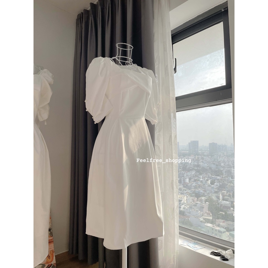 (Ảnh thật) Đầm Trắng Dài Cổ Vuông Tay Phồng Đính Ngọc Hai Lớp Mặc Đi Tiệc, Đi Chơi, Kỷ Yếu  D015