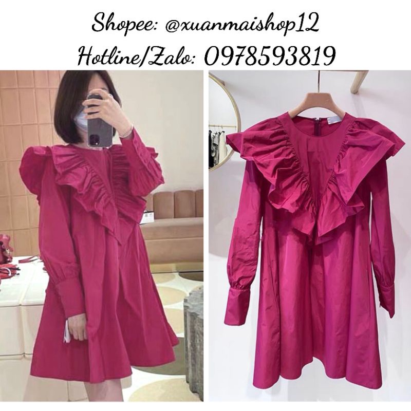 [FREESHIP] Đầm suông hồng cổ bèo tay dài siêu xinh