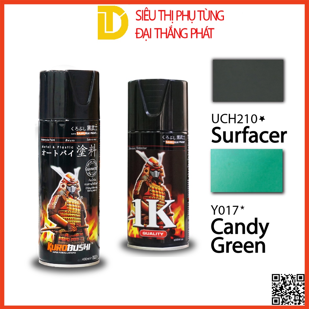 Combo cơ bản sơn Samurai, sơn xịt xe máy màu xanh Candy Y017 (Lót UCH210, Nền 3/124, Màu Y017, Phủ K1K)