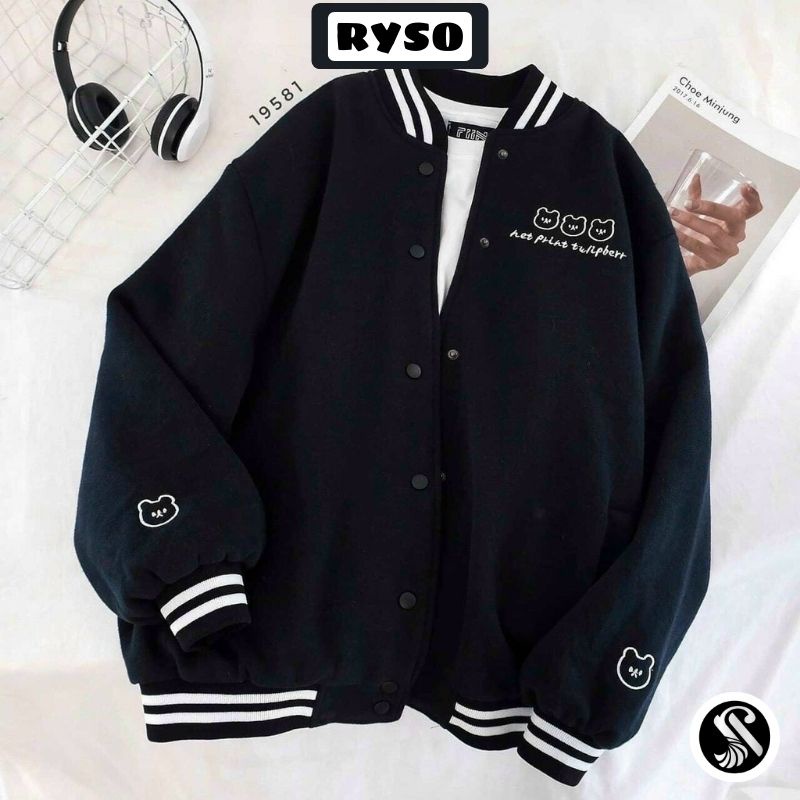 Áo Khoác Nỉ Bomber Thêu Gấu Cardigan Form Rộng Chất Nỉ Bông Dày Dặn Nữ Unisex