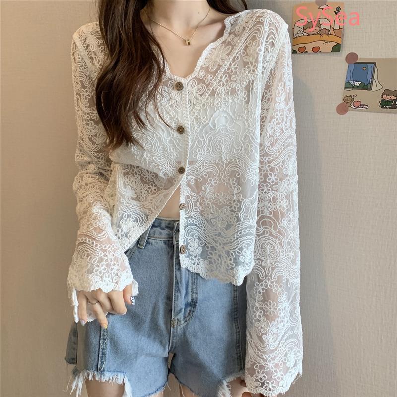 Áo kiểu tay dài cổ chữ V phối ren gợi cảm thời trang dành cho nữ