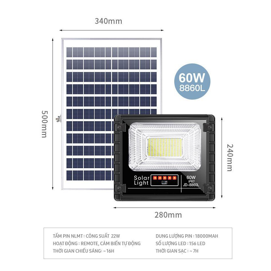 Đèn Năng Lượng Mặt Trời JINDIAN Công Suất 60W - Mẫu Mới 2020, Khung Nhôm, Chip Led "SMD" - BH 03 Năm