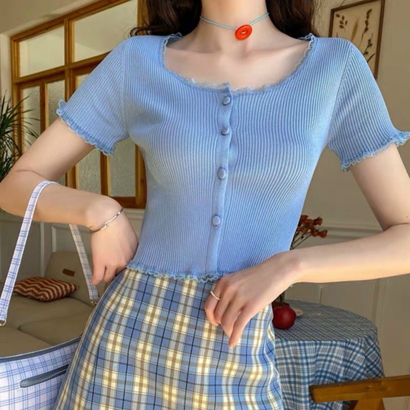 Áo len tăm croptop viền ren cúc bọc, Áo kiểu len mỏng dáng ngắn AL1123 - NhiNhi Shop