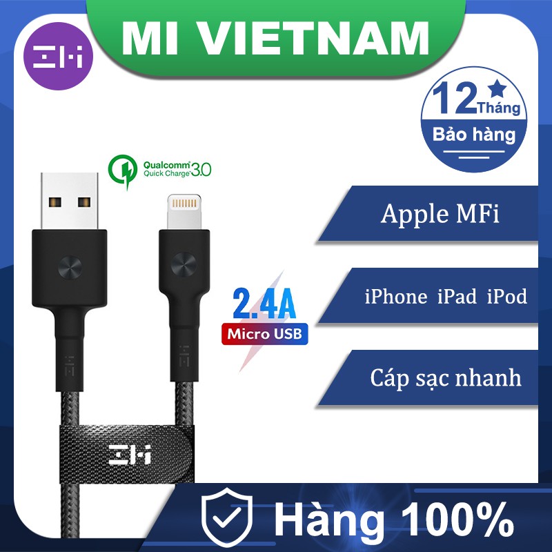 iPhone Cáp sạc MFi Lightning ZMI AL823 0.3m-đen ZMI AL806 1m-đen ZMI AL886 2m-đen