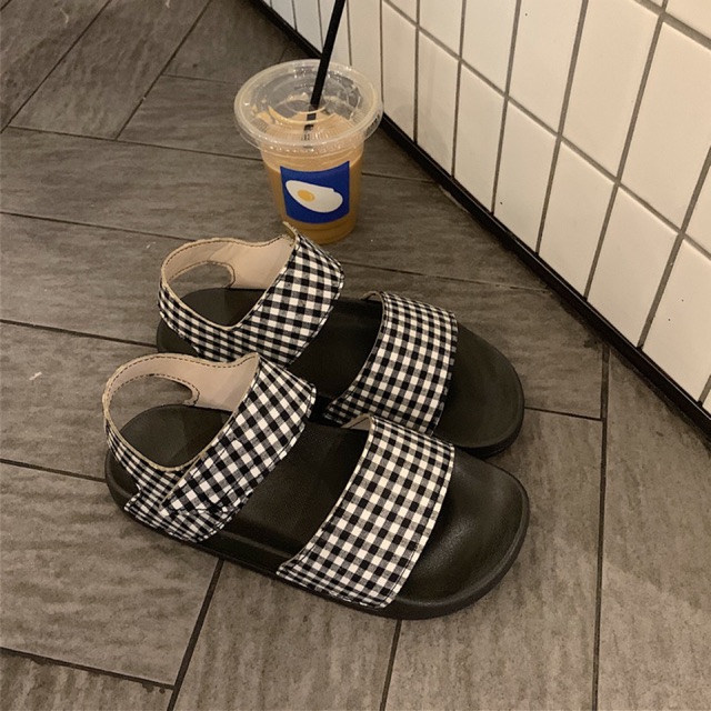 SANDAL QUAI DÁN KẺ TRẮNG ĐEN ULZZANG NỮ