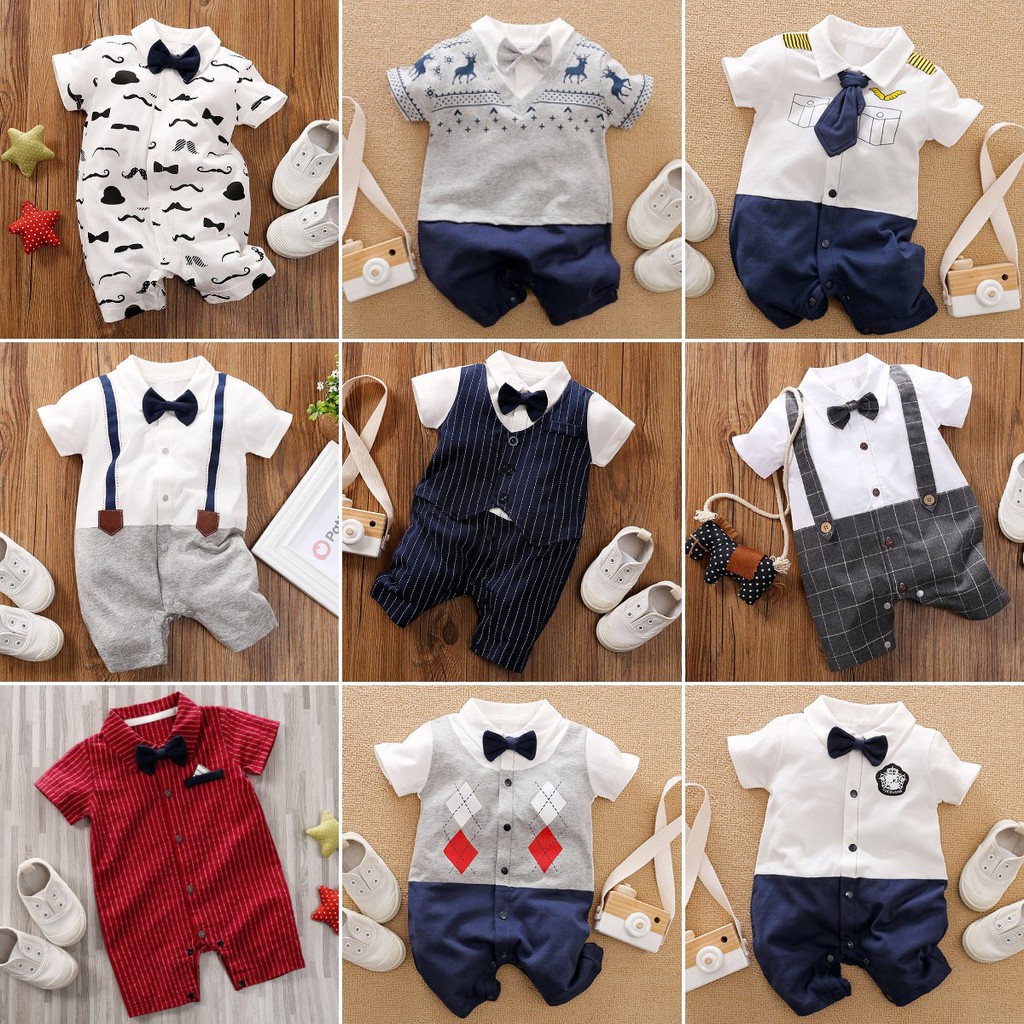 Bộ Áo Liền Quần Bằng Cotton Tay Cộc Phong Cách Quý Ông Cho Bé Trai 0174