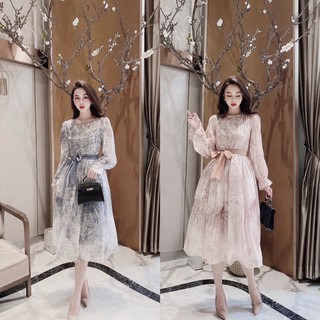 V814 Đầm Dự Tiệc Dáng Dài Hoạ Tiết Sang Trọng , Váy Voan Tơ 2 Lớp Phối Nơ Cao Cấp