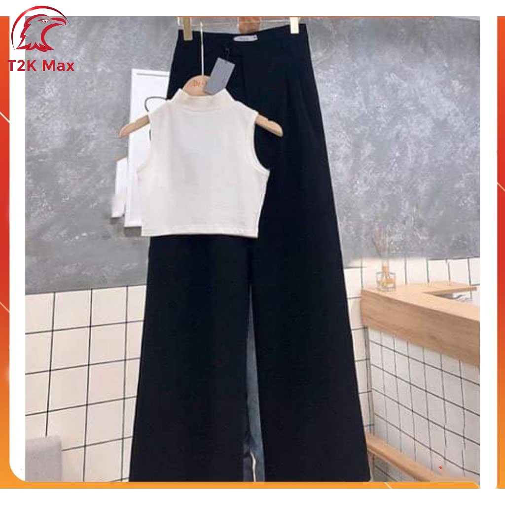Quần ống loe nữ xếp ly dài trên 100cm cạp cao - Quần ống suông rộng lưng cao chất vitex cao cấp - T2K Max