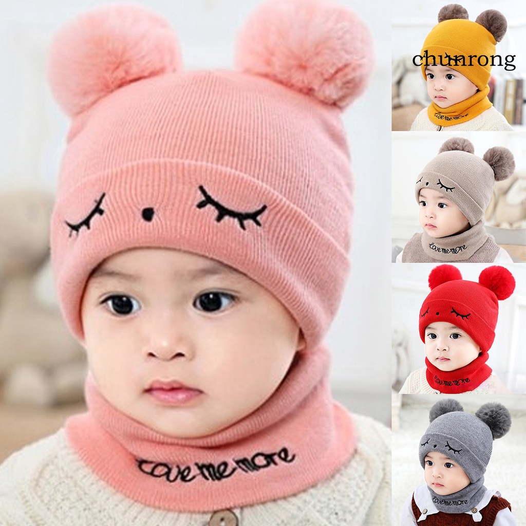 1 Set Mũ beanie + Khăn Choàng Cổ + Bóng Lông Màu Trơn Chống Gió Cho Bé