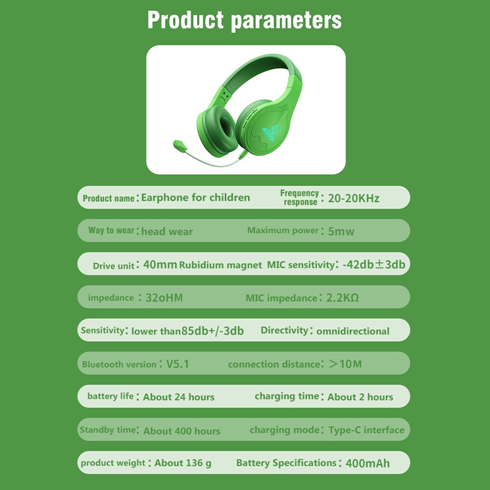 VIRWIR Tai nghe chụp tai kết nối bluetooth không dây màu dạ quang tiện dụng cho học sinh/trực tuyến