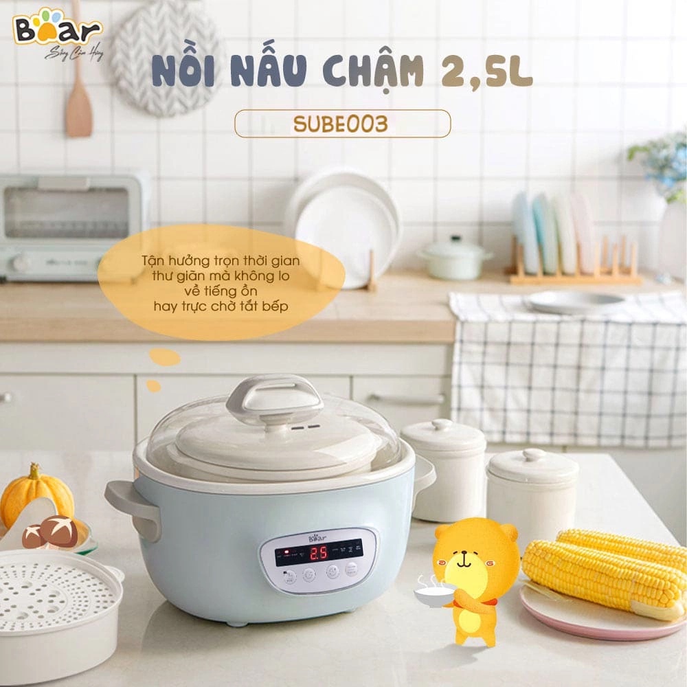 Nồi nấu chậm chính hãng Bear SUBE003 (Có Lồng Hấp) dung tích 2,5L công suất 380W bảo hành 18 tháng - Bản Quốc Tế