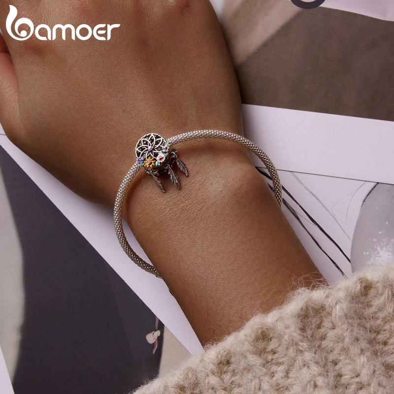 Hạt Bamoer BSC589 bạc 925 hình lưới giấc mơ đính hoa/lông vũ dùng làm vòng tay thời trang