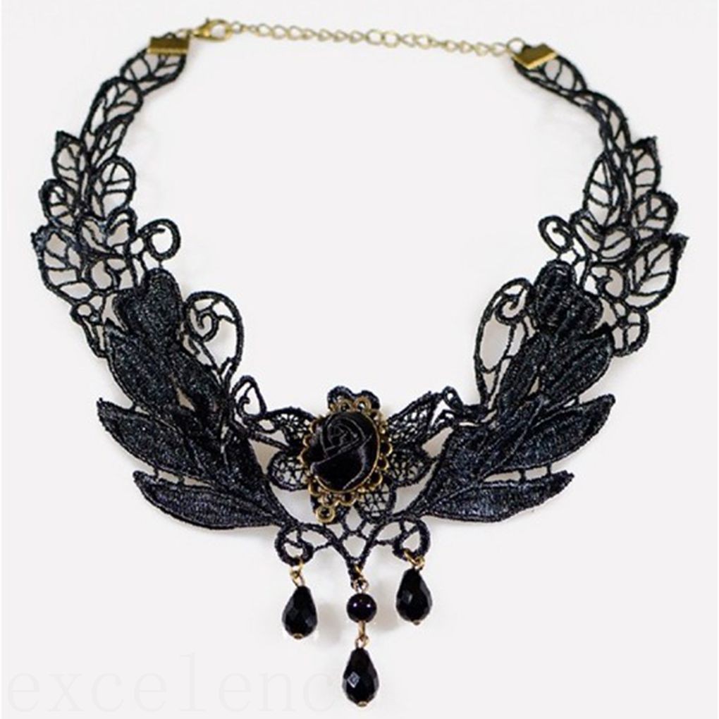 Vòng Cổ Choker Ren Hoa Đính Đá Pha Lê Hình Giọt Nước