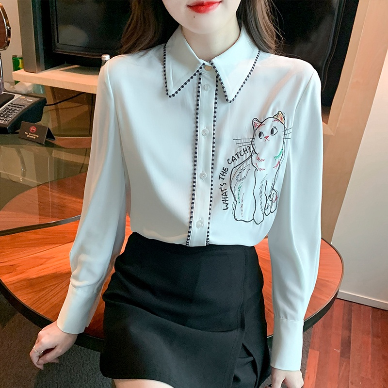 Áo Sơ Mi Chiffon Tay Dài Thêu Hình Mèo Thời Trang Dành Cho Nữ