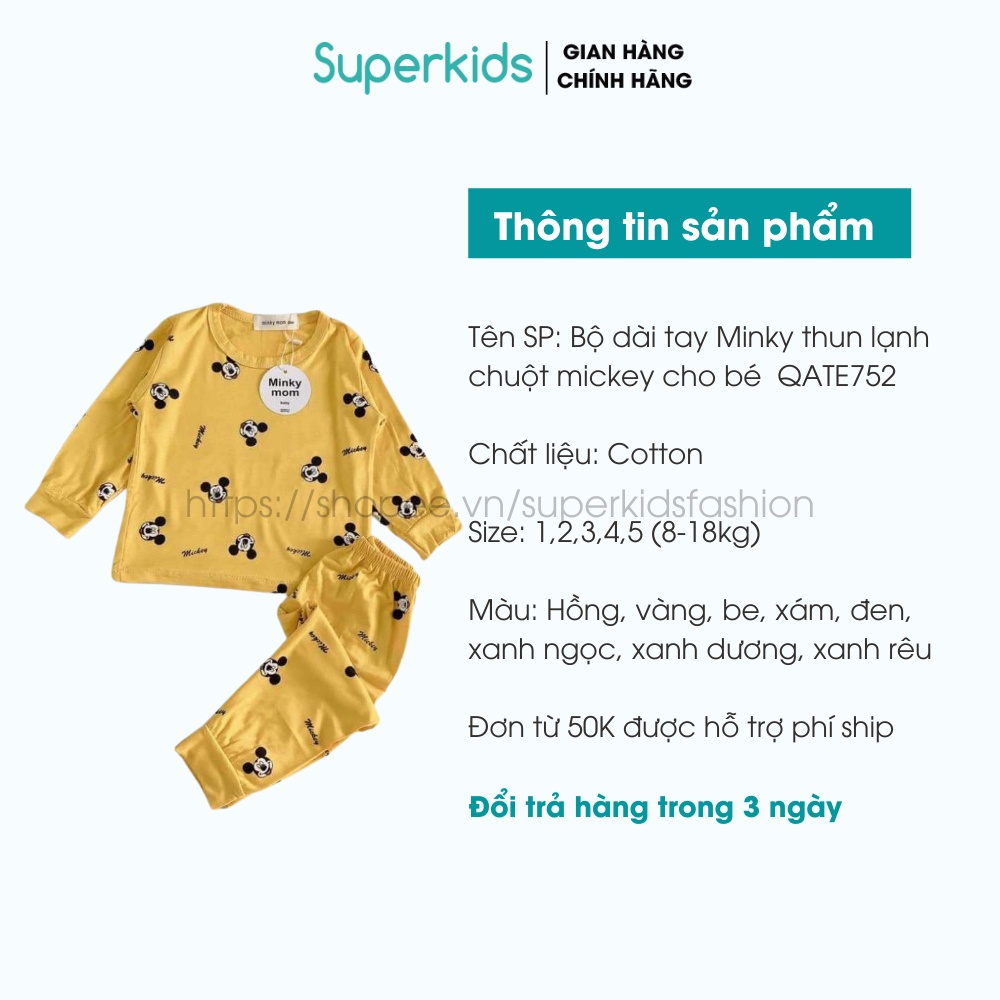 Bộ dài tay Minky thun lạnh họa tiết chuột mickey cho bé 8-16kg QATE752