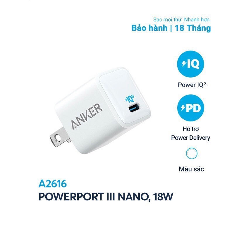 Cốc Sạc 1 Cổng Anker PowerPort III Nano 18W Tích Hợp PowerIQ 3.0 - A2616 - Hàng Chính Hãng - Bảo Hành 18 Tháng