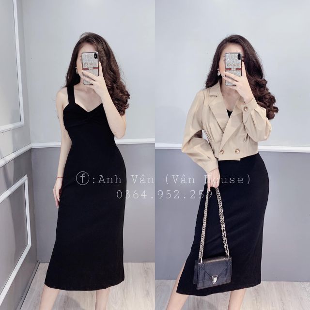Set đầm thun body 2 dây bản, ngực nhíu ply nơ + blazer vest khỉ kaki TD xếp ply