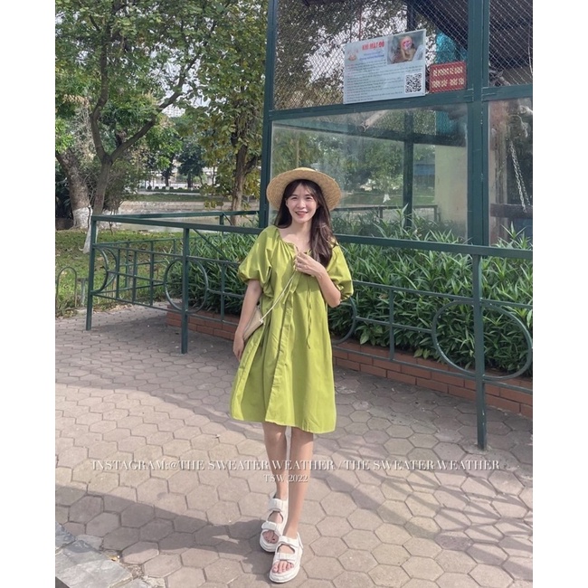 [HÀNG SẴN]VÁY THÔ NẾN FORM SUÔNG TAY BỔNG CỘT NƠ CỔ CỰC XINH