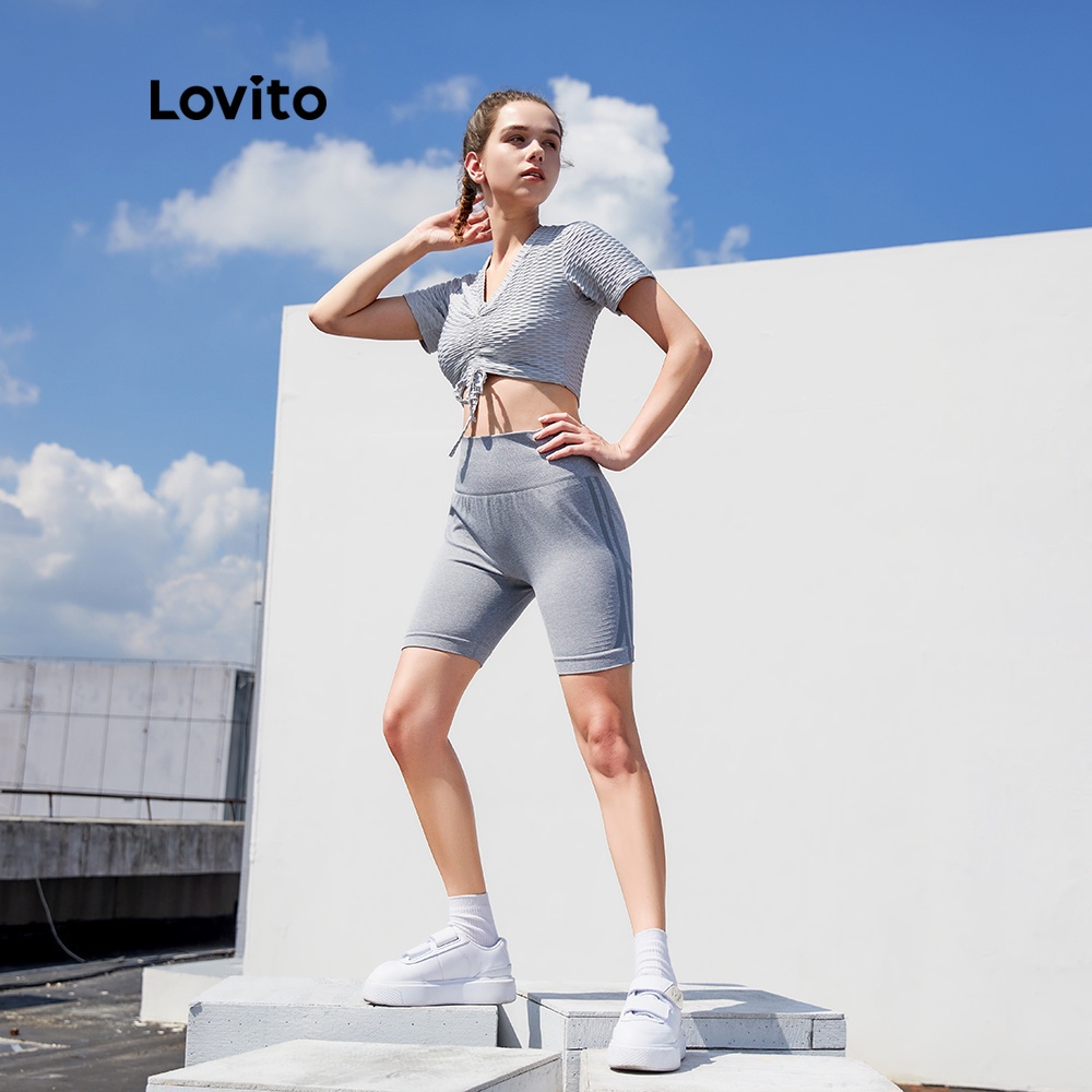 Quần short thể thao Lovito L03018 màu xám ôm dáng lưng cao không đường may