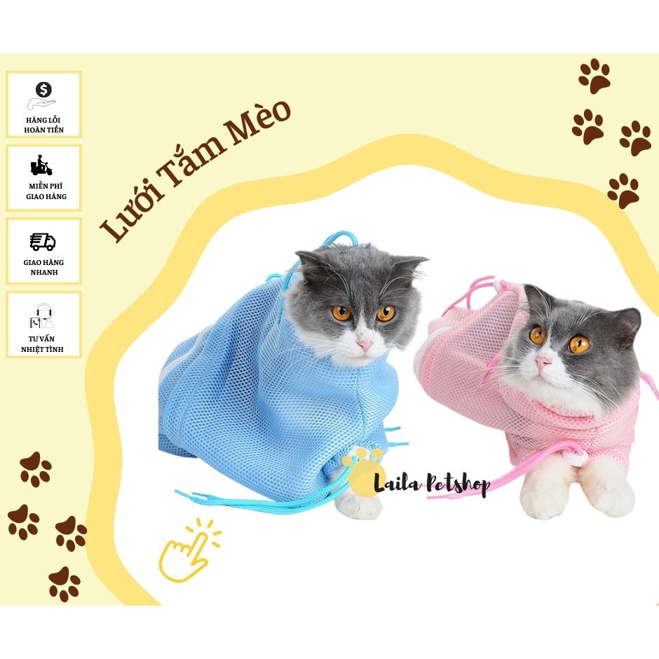 Lưới tắm cho mèo - Túi Lưới Đa Năng Spa &amp; Grooming dùng trong Tiêm chích - Cắt Móng -Vệ Sinh Tai Mũi Miệng-Laila Petshop