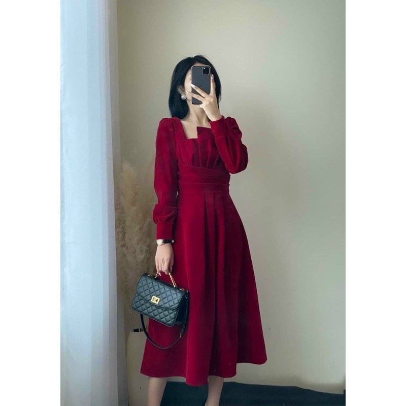 Váy đầm Vintage dự tiệc sang trọng dáng maxi ngực xẻ tay dài chất cotton Nhật đẹp V0034 màu trắng đỏ DENI DRESS | BigBuy360 - bigbuy360.vn