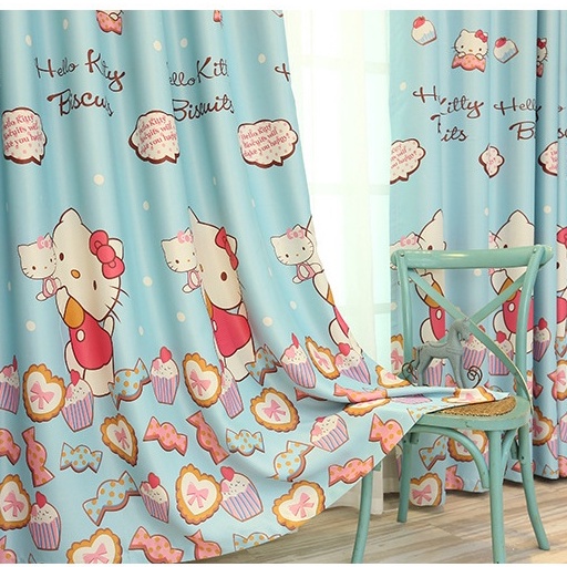 Rèm cửa trẻ em hình Hello Kitty màu hồng, màu xanh, rèm voan thêu kitty, rèm dán tường, dán cửa, treo thanh decor cửa sổ