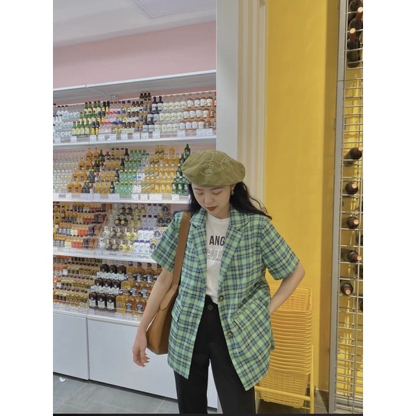 Áo blazer tay ngắn kẻ caro (ảnh thật đầu)