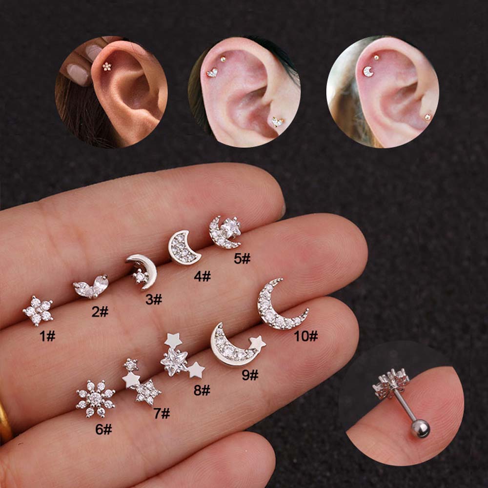 Hoa Tai Hình Bán Nguyệt Đính Đá Zircon Bằng Thép Không Gỉ