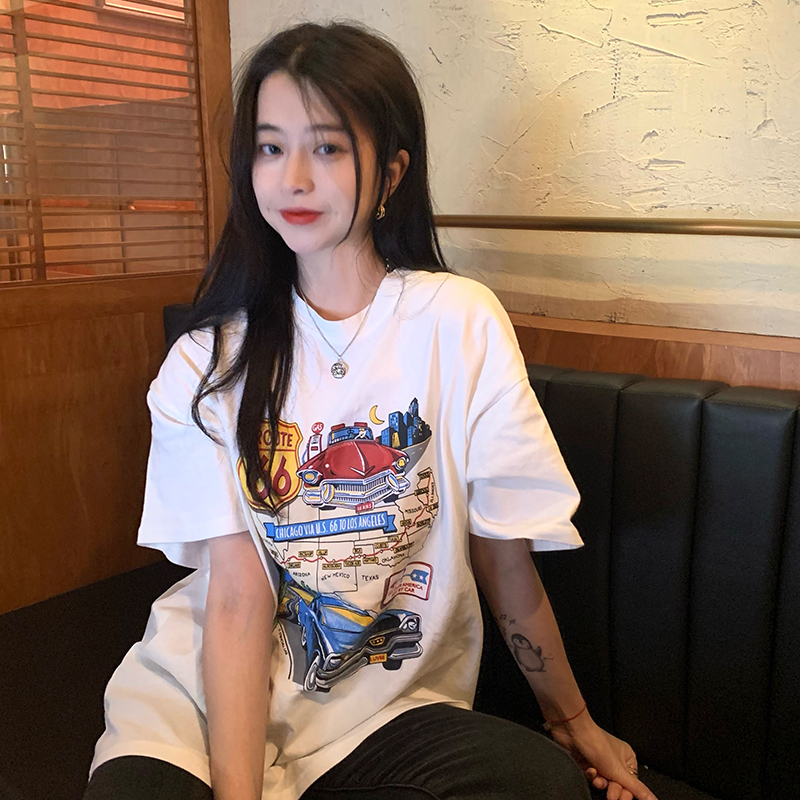 Áo thun dáng rộng tay ngắn in hình xe hơi thời trang cho nữ