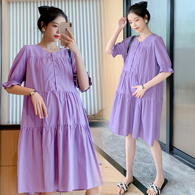 Đầm Bầu Ngắn Tay Màu Tím Phong Cách Hàn Quốc