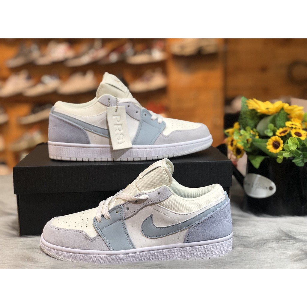 Giày Force trắng xám gót xanh, giày Air Jordan 1 Low Paris