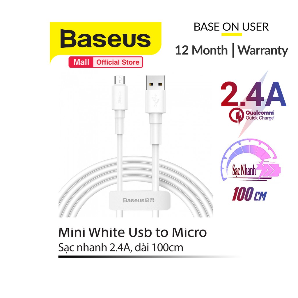 Cáp sạc Baseus truyền dữ liệu Mini White USB to Micro sạc nhanh 2.4A dài 100cm