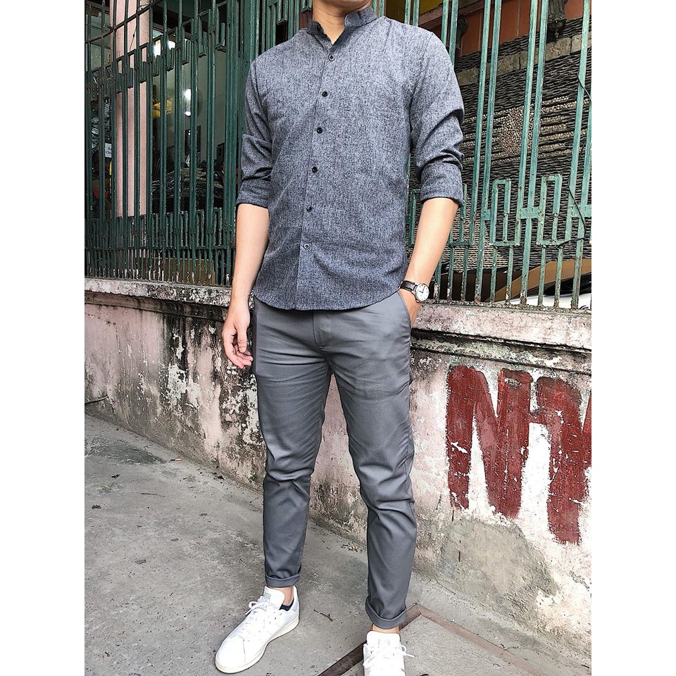 Áo Sơ Mi Nam Màu Xám Hạt Tiêu Phối Cổ Tàu Phong Cách | BigBuy360 - bigbuy360.vn