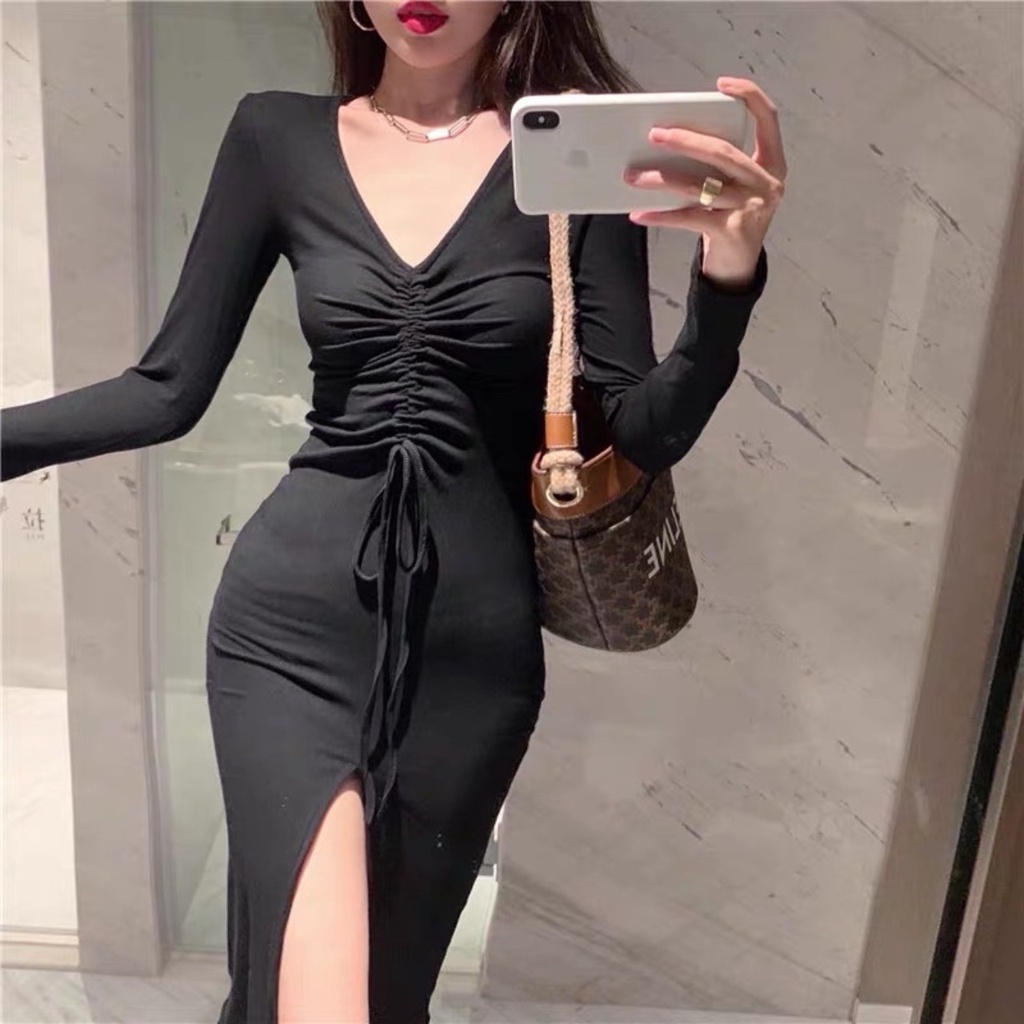 Đầm body rút dây tay dài xẻ tà giữa sang chảnh chất len tăm dày dặn mặc đi đám cưới đi chơi đi tiệc