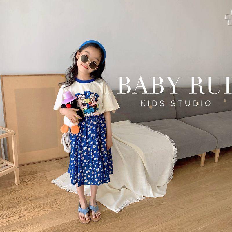 Set áo thun cotton in họa tiết hoạt hình + chân váy hoa lưng thun phong cách Hàn Quốc thời trang mùa hè cho bé