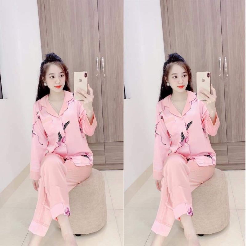 Bộ pizama satin hông hạc