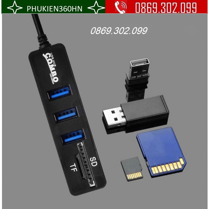 Hub USB Kèm đầu đọc thẻ nhớ cho PC Laptop - Mở rộng Cổng cho Điện thoại bằng cổng OTG