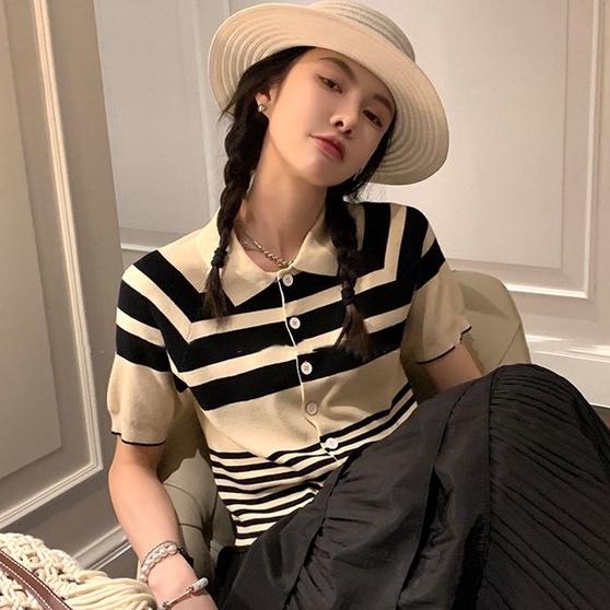 Áo Thun POLO Dệt Kim Ngắn Tay Họa Tiết Kẻ Sọc Thời Trang