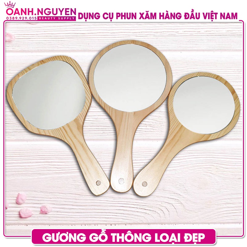 Gương Cầm Tay Gỗ Thông Loại Đẹp - Dùng Phun Xăm, Trang Điểm