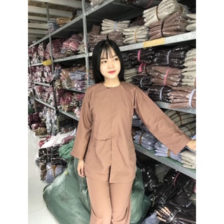 Hò nút bấm Đồ lam đi chùa tay dài vải Kate mát mịn đồ lam nam nữ đồ bộ