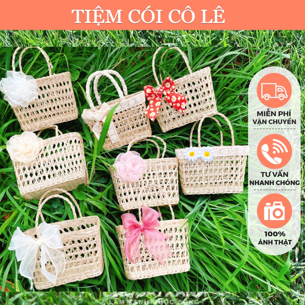 Túi cói mini, làn thưa đính nơ hoa phụ kiện xinh xắn đi biển chụp ảnh decor - Tiệm Cói Cô Lê