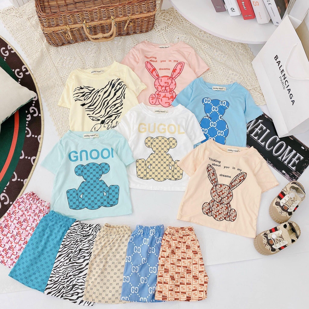 Bộ cộc ngắn Minky thun lạnh phối hình gấu thỏ lạ mắt size 80-120 cho bé