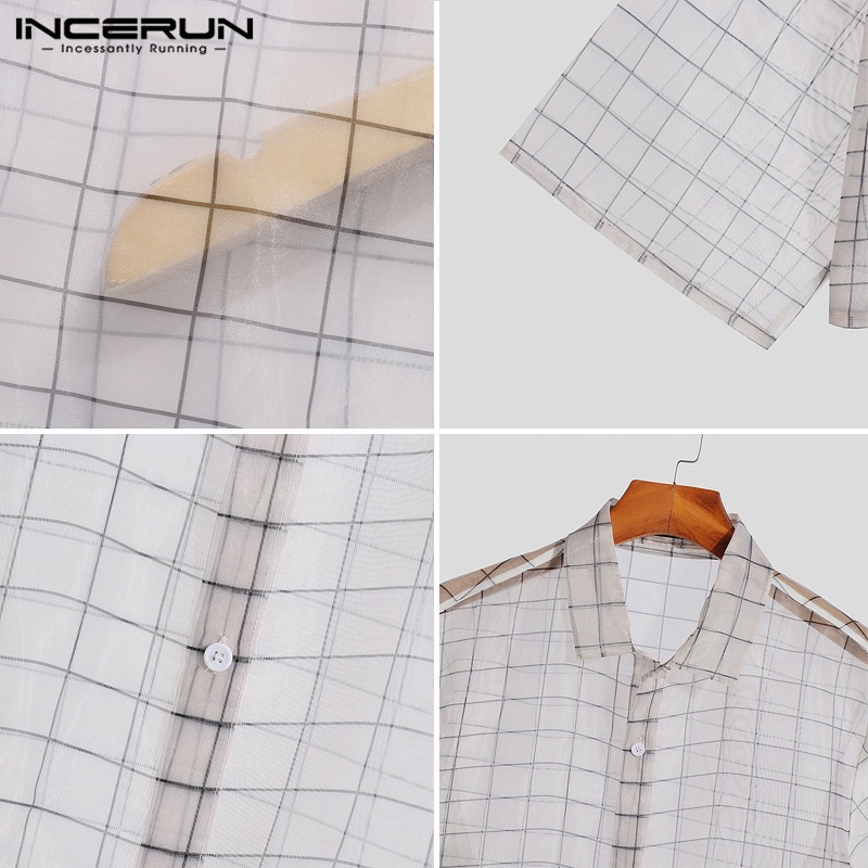 Áo sơ mi croptop INCERUN tay ngắn dáng rộng cài khuy kẻ sọc ca rô thời trang cho nam