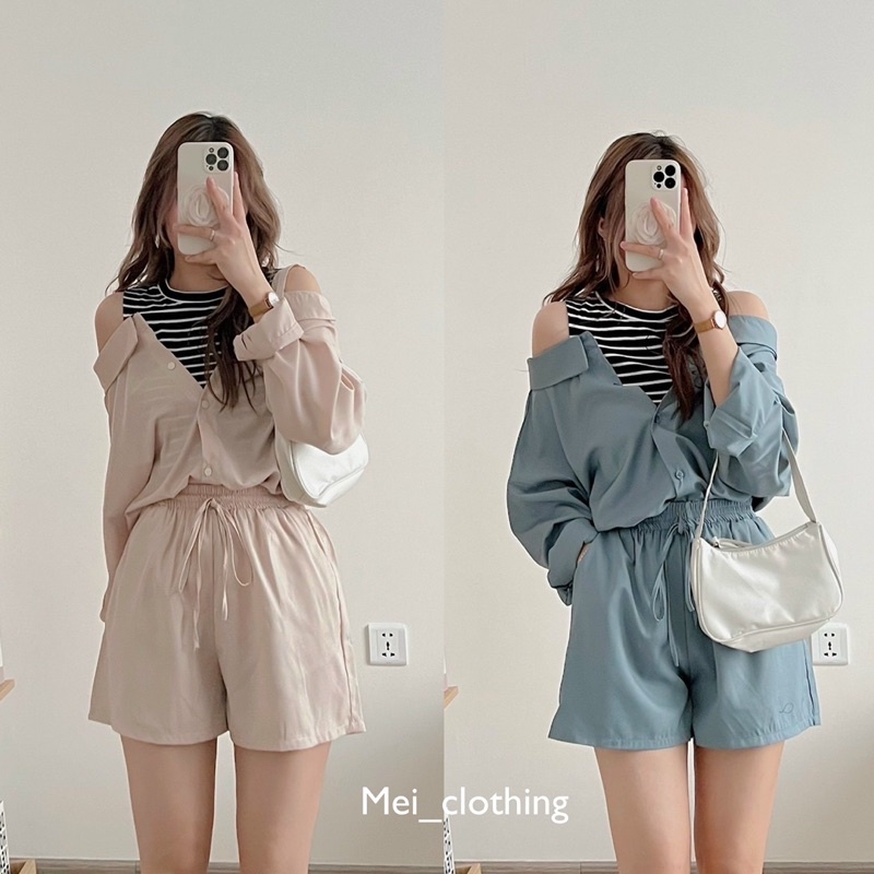 Set sơmi lụa cách điệu may liền áo lỗ kẻ sọc, set đồ nữ tiểu thư