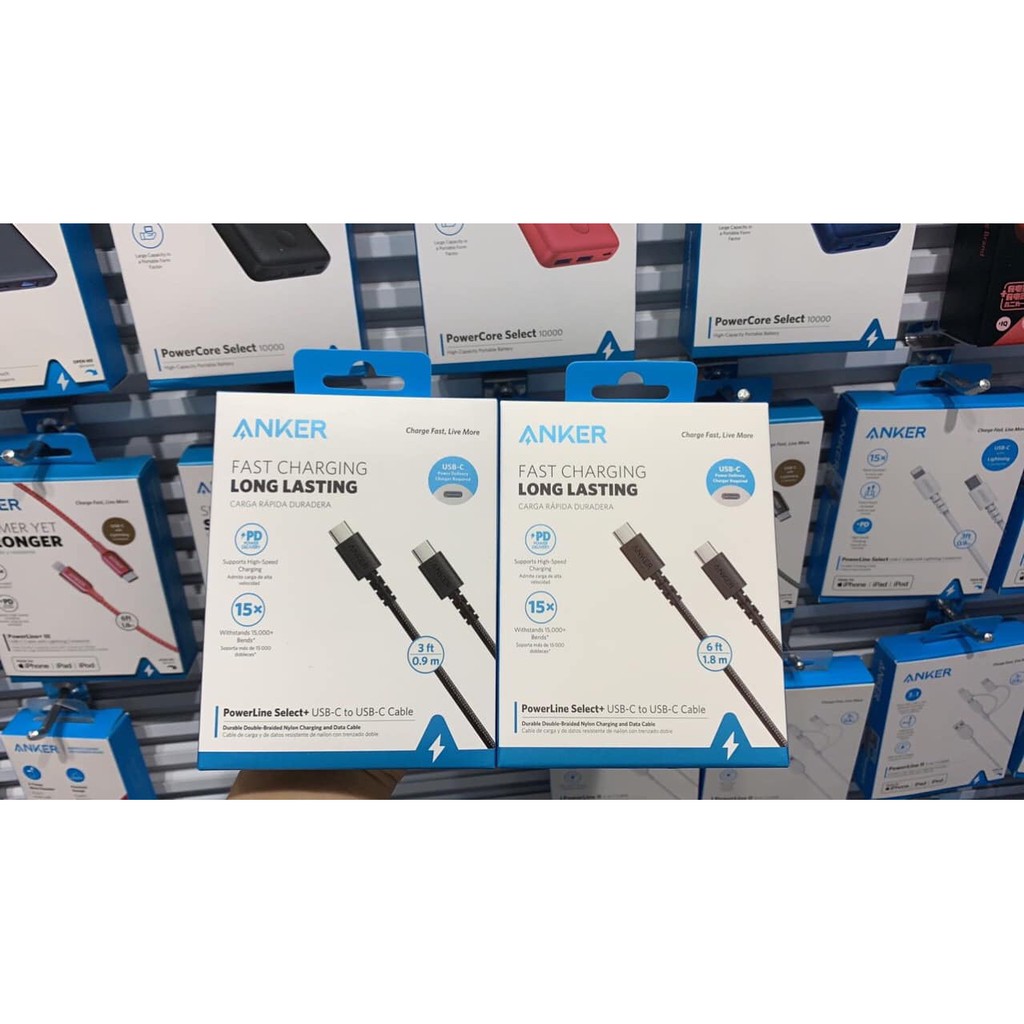 Cáp Sạc Nhanh C to C ANKER A8032 dây dù PowerLine Select+ Type C to Type C 0.9M cho Samsung S10 + S9 Note OPPO macbook