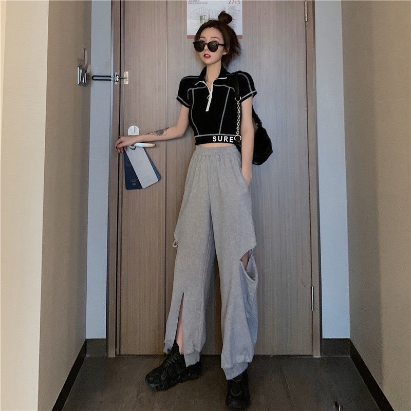 Áo Thun Đen Ngắn Tay Cổ Polo Phối Khóa Kéo Eo Cao Thời Trang Mùa Hè Dành Cho Nữ